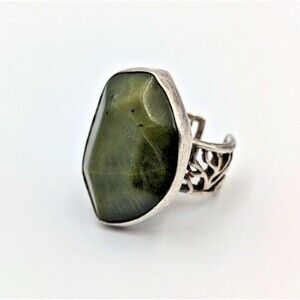 Geo Art Sterling Silver 925 Green Jade/Nephrite Statement Ring Sz 7 Adjustable